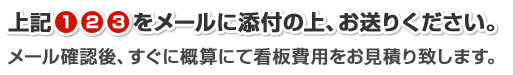 上記(1)(2)(3)をメールに添付の上、お送りください。メール確認後、すぐに概算にて看板費用をお見積り致します。